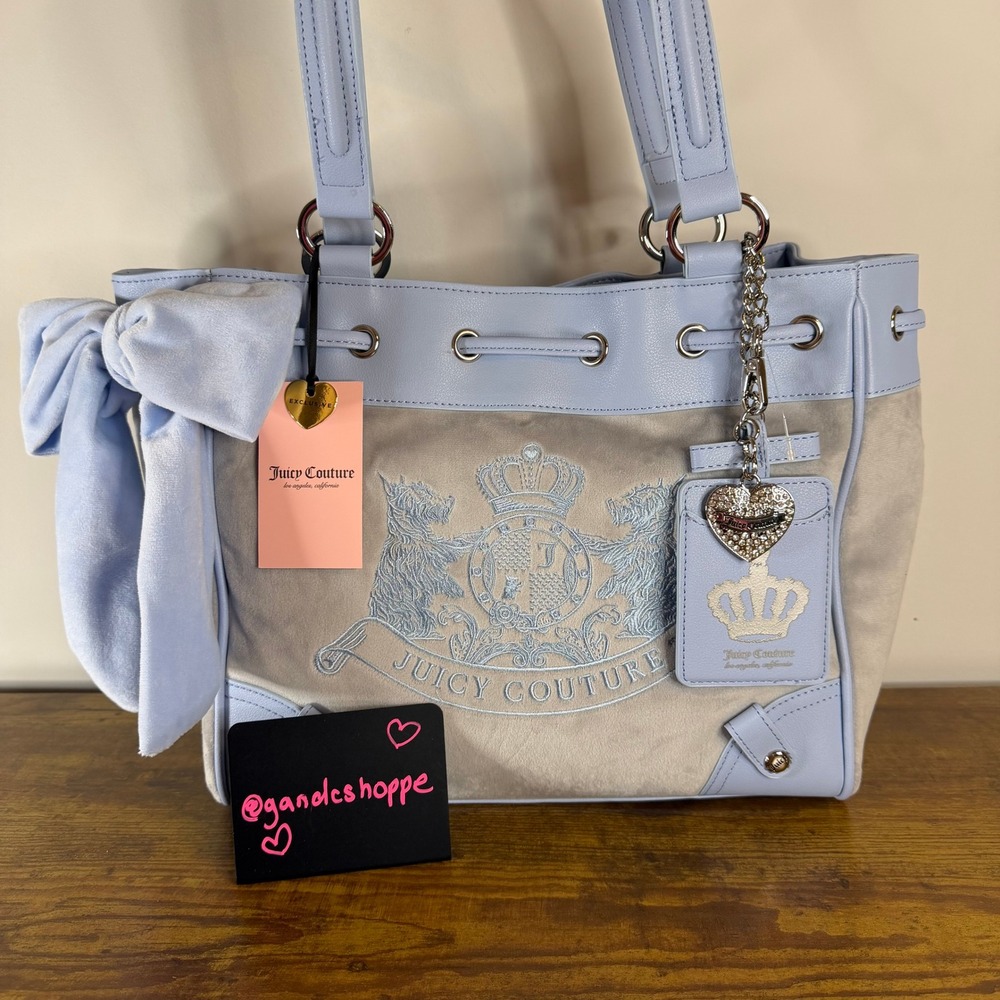 New Juicy Couture Classic Scottie Dogs Daydreamer Tote Shoulder Bag Blue Grey